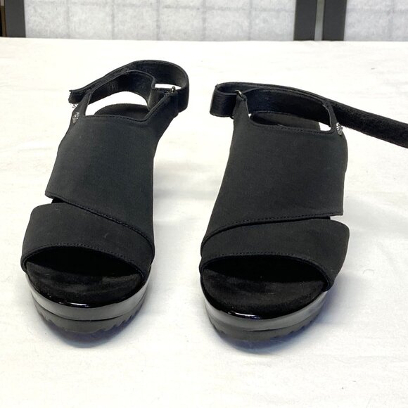 Anne Klein Faux Suede Patent Low Wedge Open Toe Sling Back Romeo Sandals Black - Picture 2 of 13